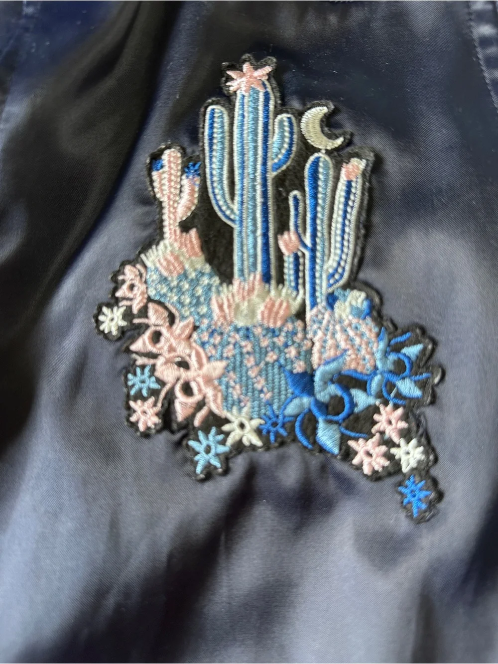 Juicy Couture Embroidered Cactus Satin Bomber Jacket Blue White Size M